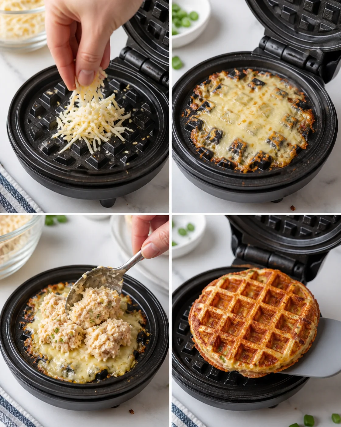 Four-panel collage showing a savory waffle iron dish being prepared with cheese, filling, and a finished waffle.