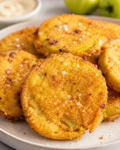 Crispy, golden-brown fried green tomatoes on a plate with salt