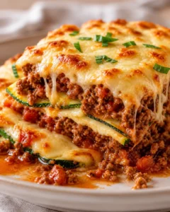 Delicious baked zucchini and ground beef casserole topped with melted cheese