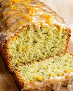 Moist zucchini orange bread topped with glaze and orange zest curls.