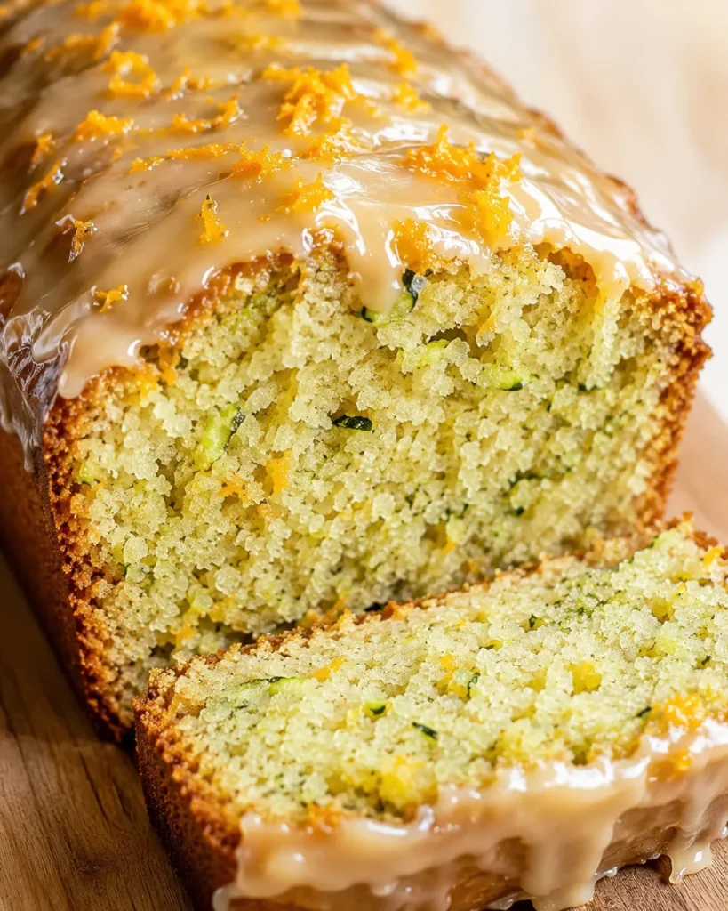 Moist zucchini orange bread topped with glaze and orange zest curls.