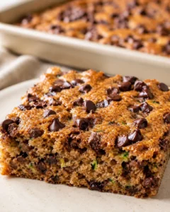 Close-up of moist chocolate chip zucchini cookie bar with melted chocolate chips