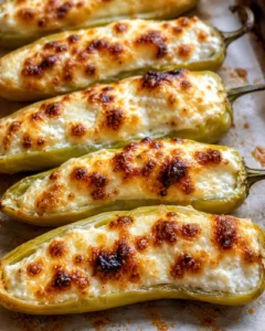 Baked banana peppers filled with creamy cheese and baked to golden perfection.