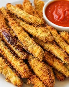 Golden crispy eggplant fries with a side of marinara sauce, baked in an air fryer.