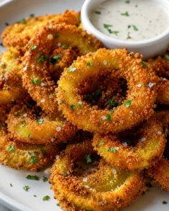 Golden, crunchy fried banana peppers with dipping sauce on a plate.