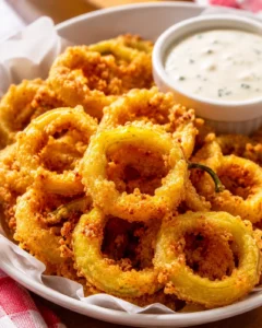 Golden crispy fried banana peppers served with dipping sauce on a plate
