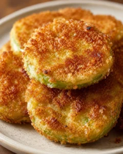 Golden, crispy fried green tomatoes with a tangy interior on a plate.