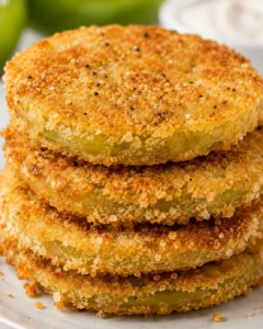 Stack of golden, crispy fried green tomatoes with a crunchy coating.
