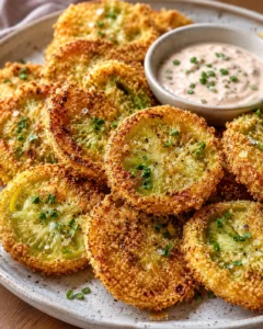 Golden crispy fried green tomatoes served with tangy remoulade sauce on a white plate