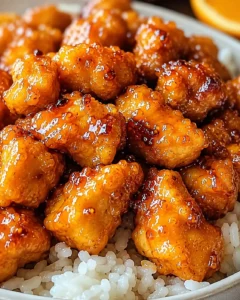 Golden, crispy orange chicken served over rice with a glaze.