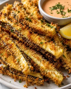 Crispy baked eggplant fries with golden panko coating and dipping sauce