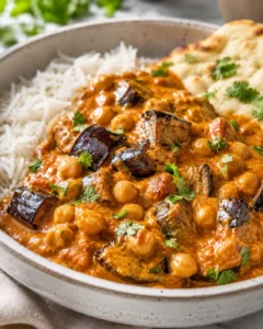 Creamy, tomato-based eggplant curry served with rice and garnished with cilantro