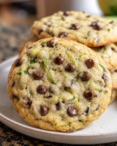 Close-up of freshly baked zucchini chocolate chip cookies with green flecks and chocolate chips