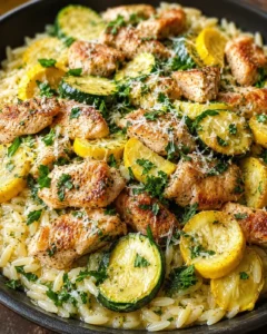 Juicy chicken with colorful zucchini and squash, served over rice or orzo.