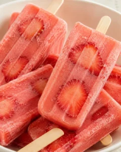 Colorful homemade watermelon and strawberry popsicles on a white plate.