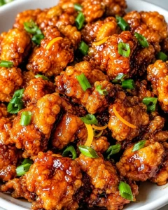 Crispy orange chicken pieces coated in a glossy orange sauce with green onion garnish.