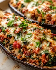 Delicious baked stuffed eggplant topped with melted cheese and fresh basil leaves.