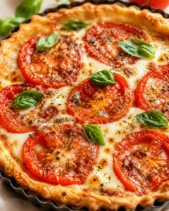 Close-up of a fresh tomato and cheese pie garnished with basil leaves.