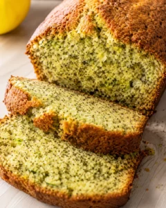 Moist lemon zucchini bread with poppy seeds and a golden crust, sliced and ready to serve.