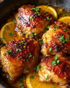 Juicy chicken thighs topped with vibrant orange glaze and fresh herbs, served with lemon slices.