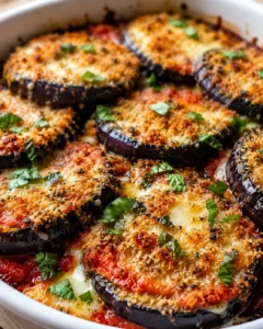 Delicious oven-baked eggplant with herbs, cheese, and tomato sauce.