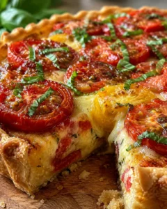 Close-up of a freshly baked heirloom tomato pie topped with basil and cheese slices.