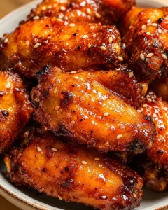 Crispy glazed chicken wings coated in orange and sriracha sauce with sesame seeds.