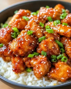 Tender chicken thighs coated in a bright, tangy orange glaze garnished with green onions.