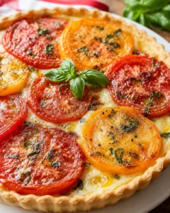 Freshly baked summer tomato tart with colorful heirloom tomatoes and basil on top.