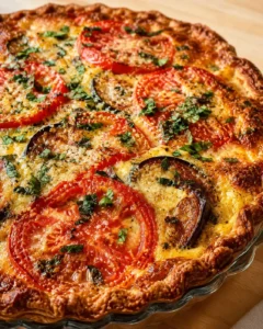 Delicious summer tomato and eggplant pie with a golden crust and fresh vegetables.