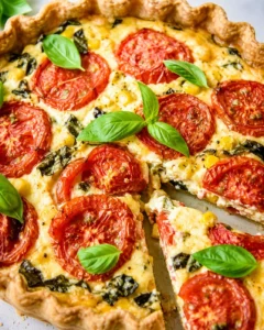 Delicious savory tomato pie topped with fresh basil and roasted tomatoes.