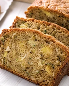 Delicious slices of moist zucchini bread with pineapple, coconut, and optional walnuts.