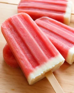 Refreshing watermelon coconut popsicles with vibrant red and creamy texture on wooden surface.