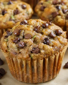 Delicious zucchini banana muffins topped with chocolate chips and walnuts