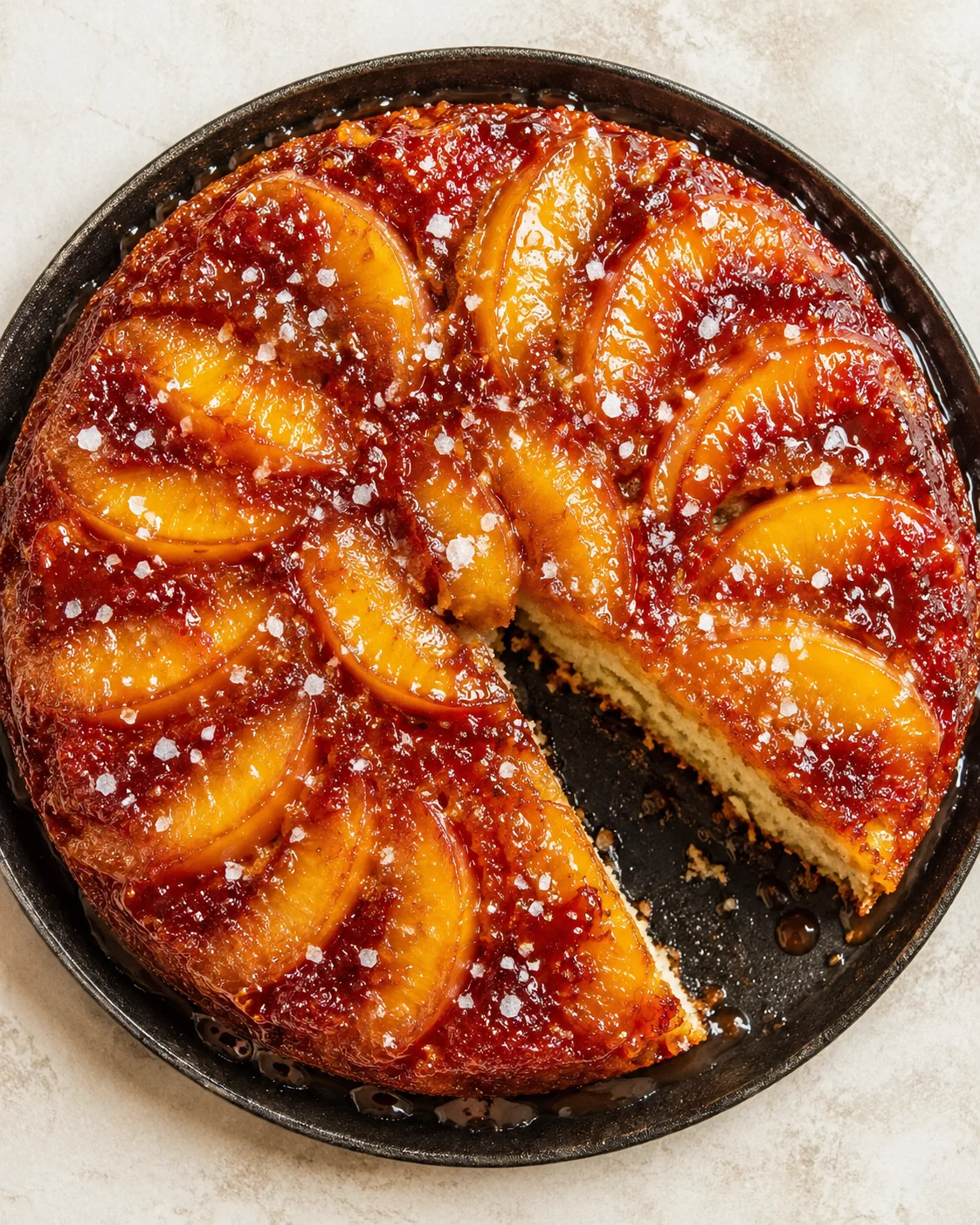 Round skillet peach tart with caramelized peach slices in concentric rings and a crumbly crust.