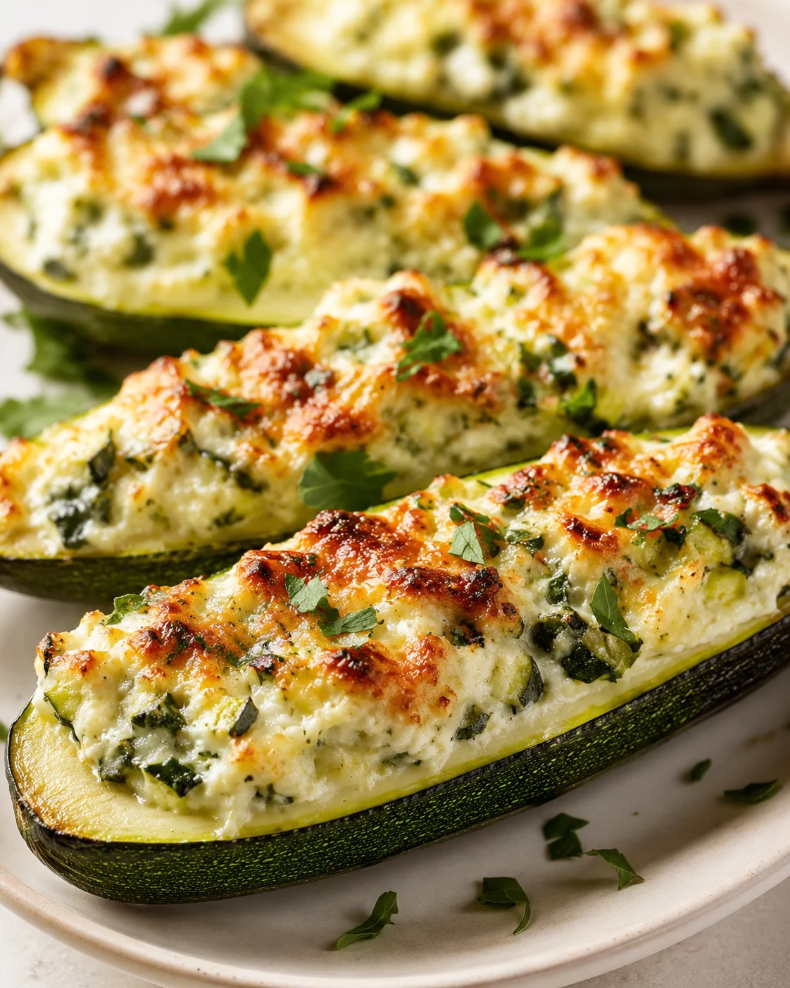 zucchini halves stuffed with creamy cheese and spinach, baked golden, parsley garnish