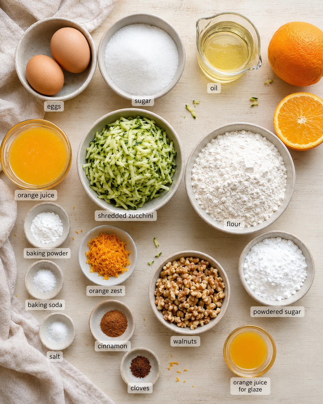Top-down view of labeled baking ingredients arranged on a light wooden surface, including zucchini, flour, eggs, orange juice, walnuts.