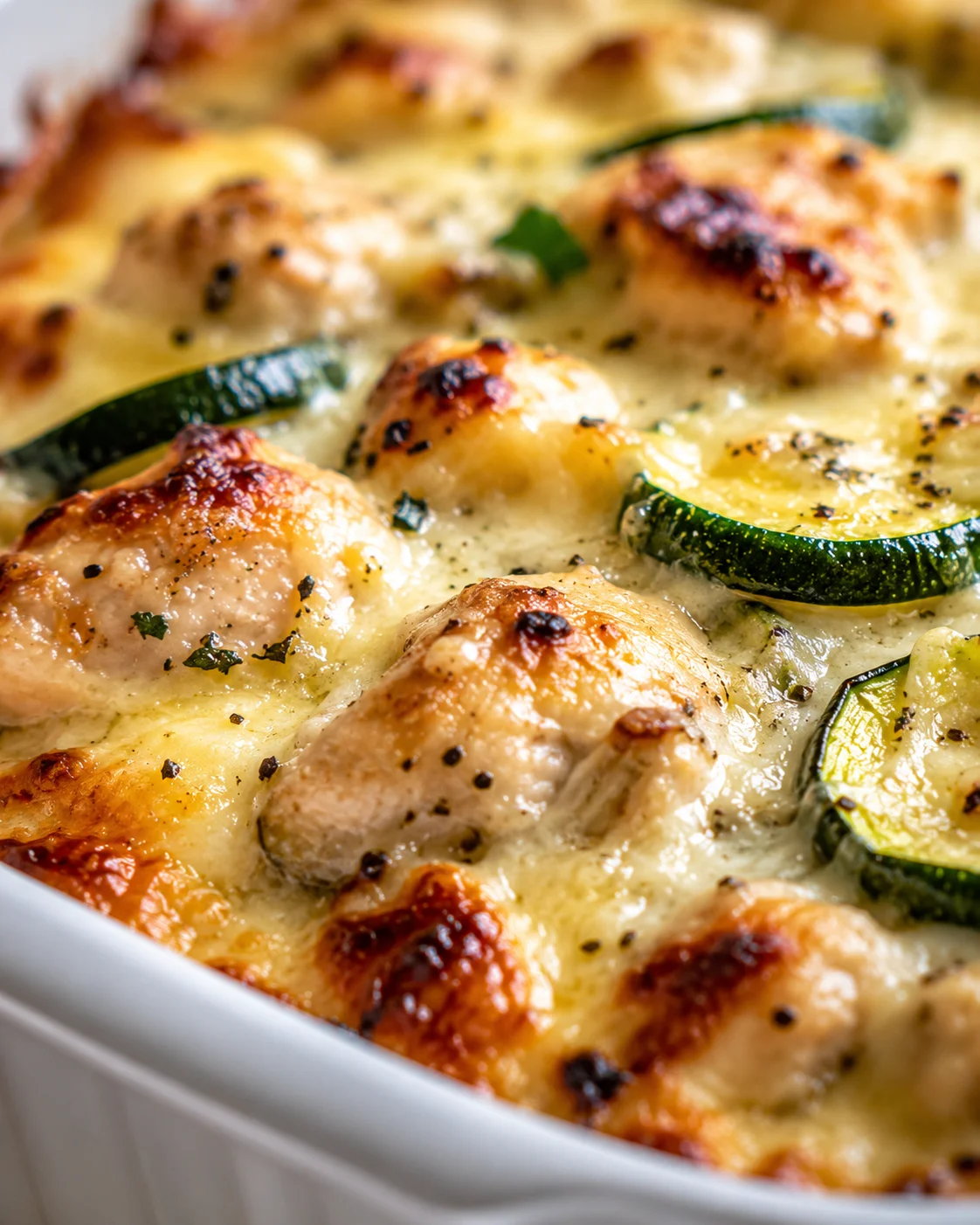 close-up of bubbly cheesy chicken and zucchini bake in a white casserole dish