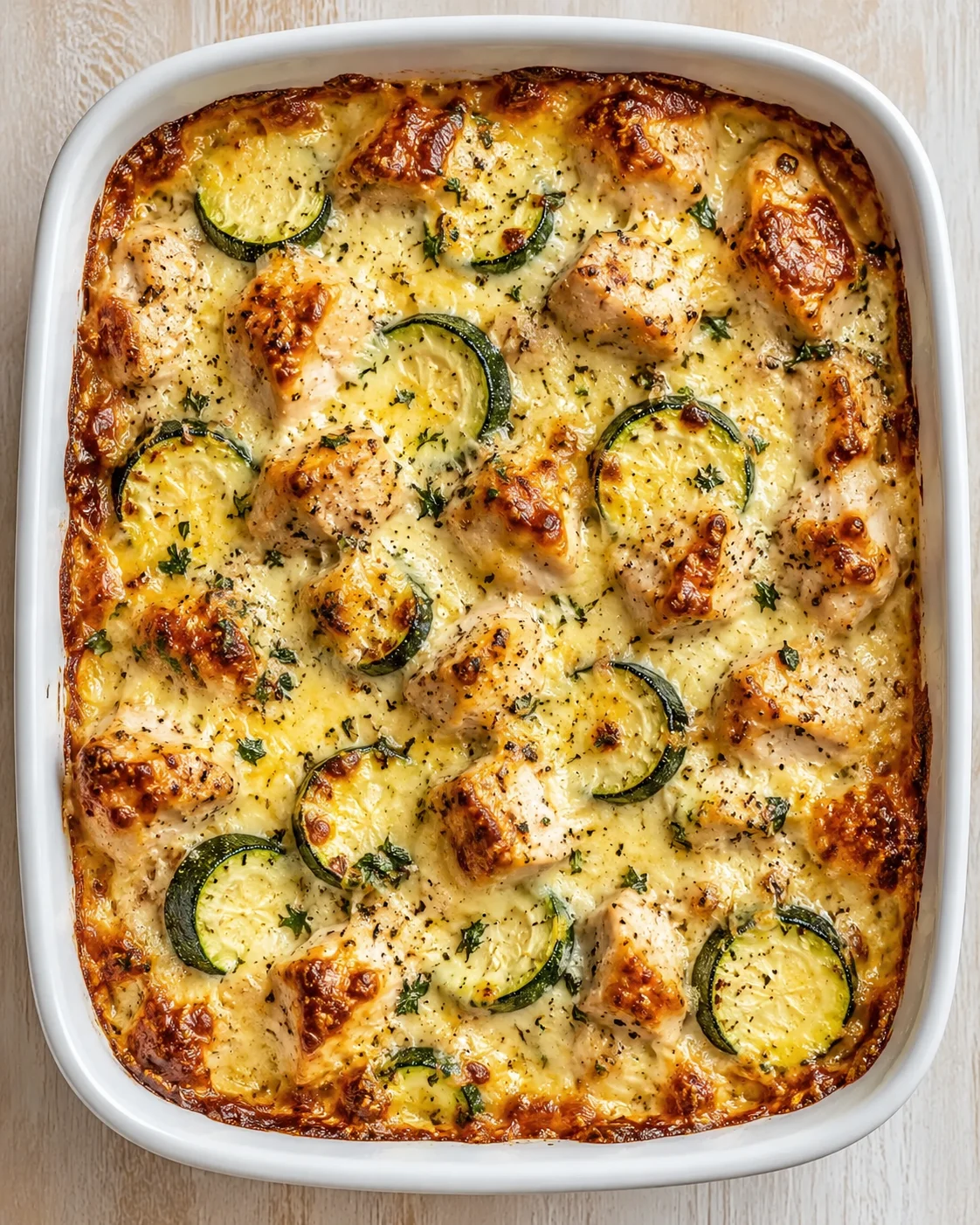 creamy cheesy chicken and zucchini bake in a white rectangular baking dish.