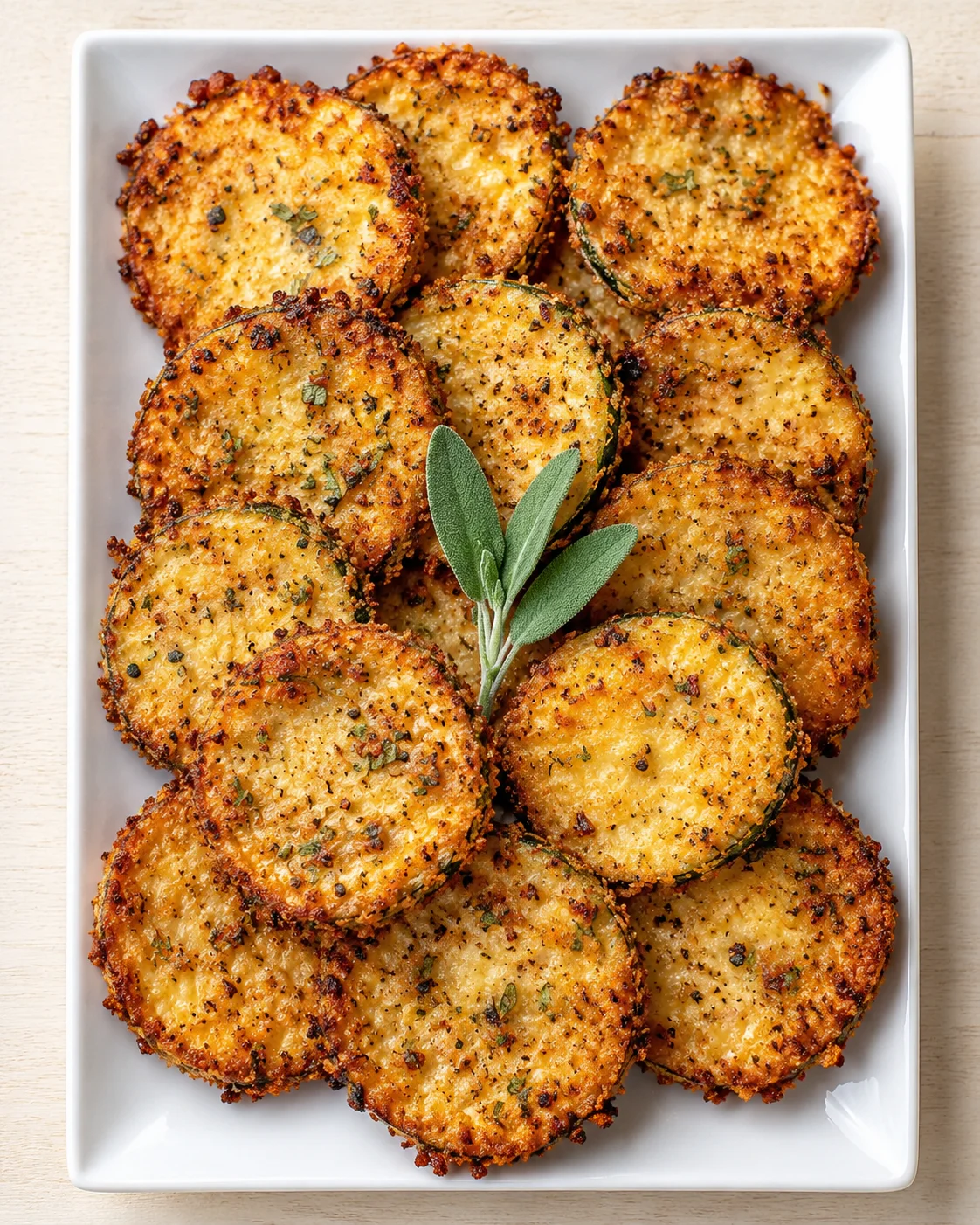 Golden-brown breadcrumb-coated zucchini medallions on a white platter with sage garnish