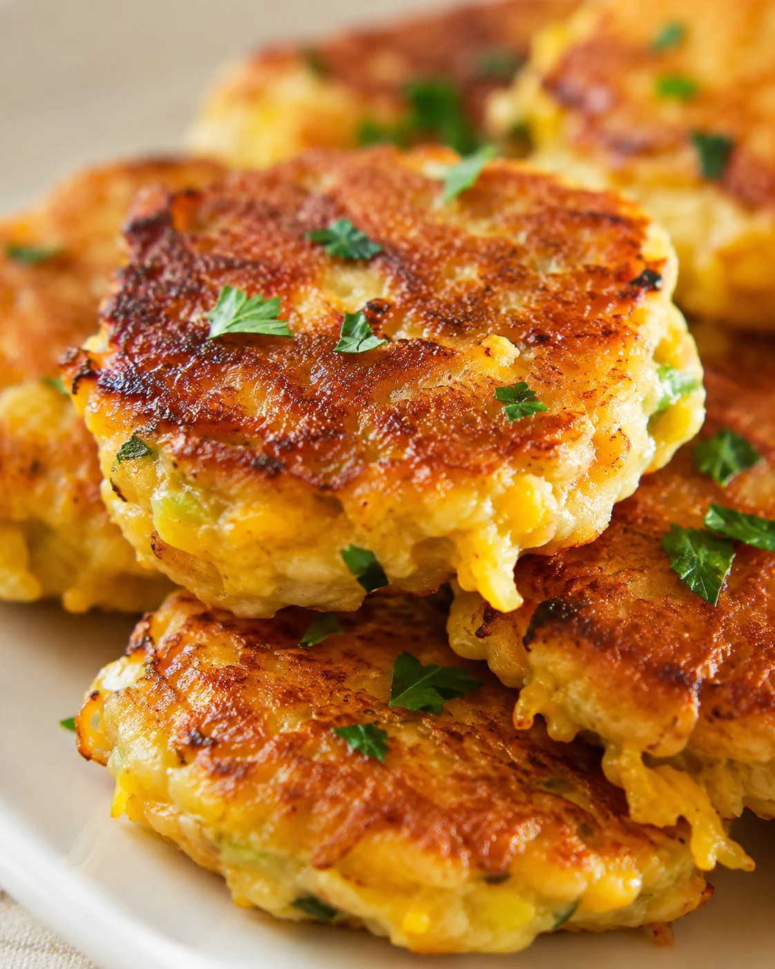 Golden-brown potato pancakes with melted cheese and parsley on a white plate