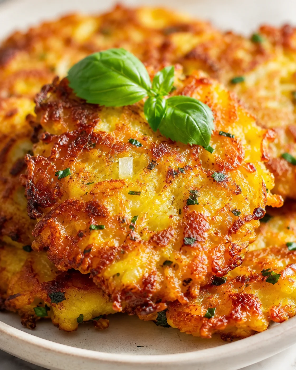 Close-up of crispy potato patties with melted cheese, herbs, and a basil garnish.