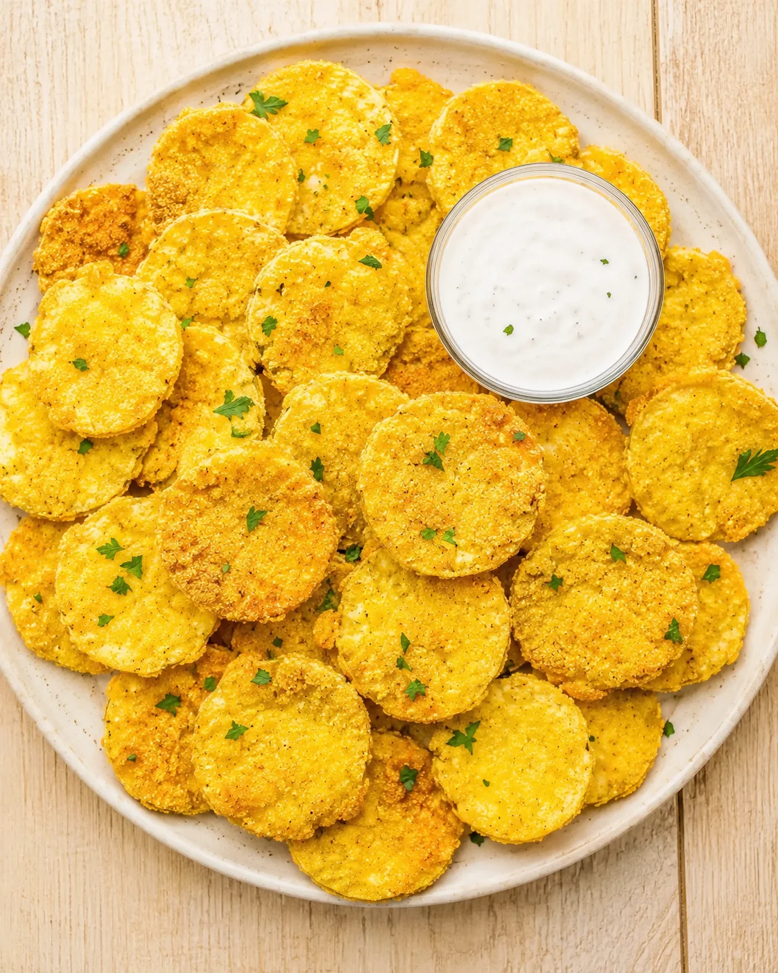 White plate of golden crispy corn bites with parsley and a herb-dusted dipping sauce.