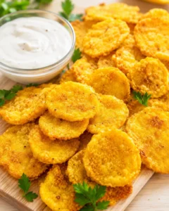Golden corn fritters on a wooden board with a white creamy dip and parsley.