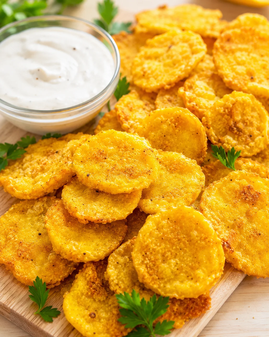 Golden corn fritters on a wooden board with a white creamy dip and parsley.