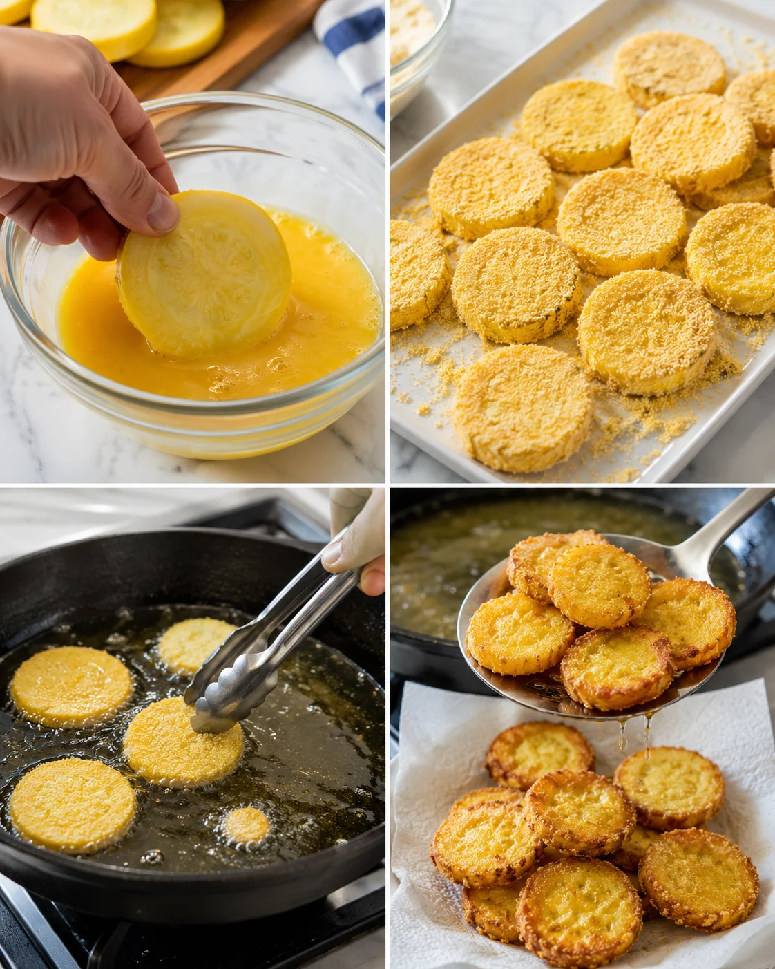 collage showing lemon-dipped batter, crumb-fried corn fritters, frying in oil, and golden fritters