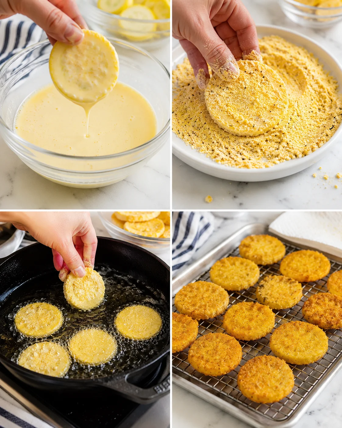 Four-panel collage showing batter dipping, crumb coating, frying, and baking crispy cornmeal bites.