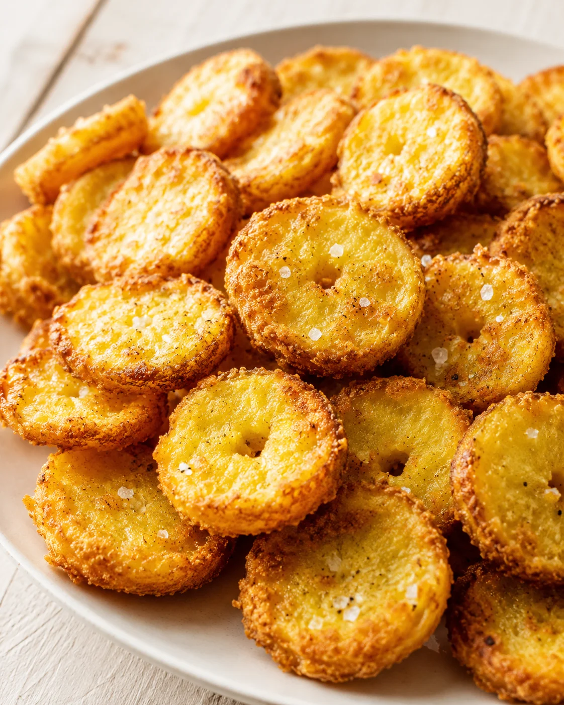 Golden fried potato coins piled on a white plate, crisp crust, sprinkled with sea salt.