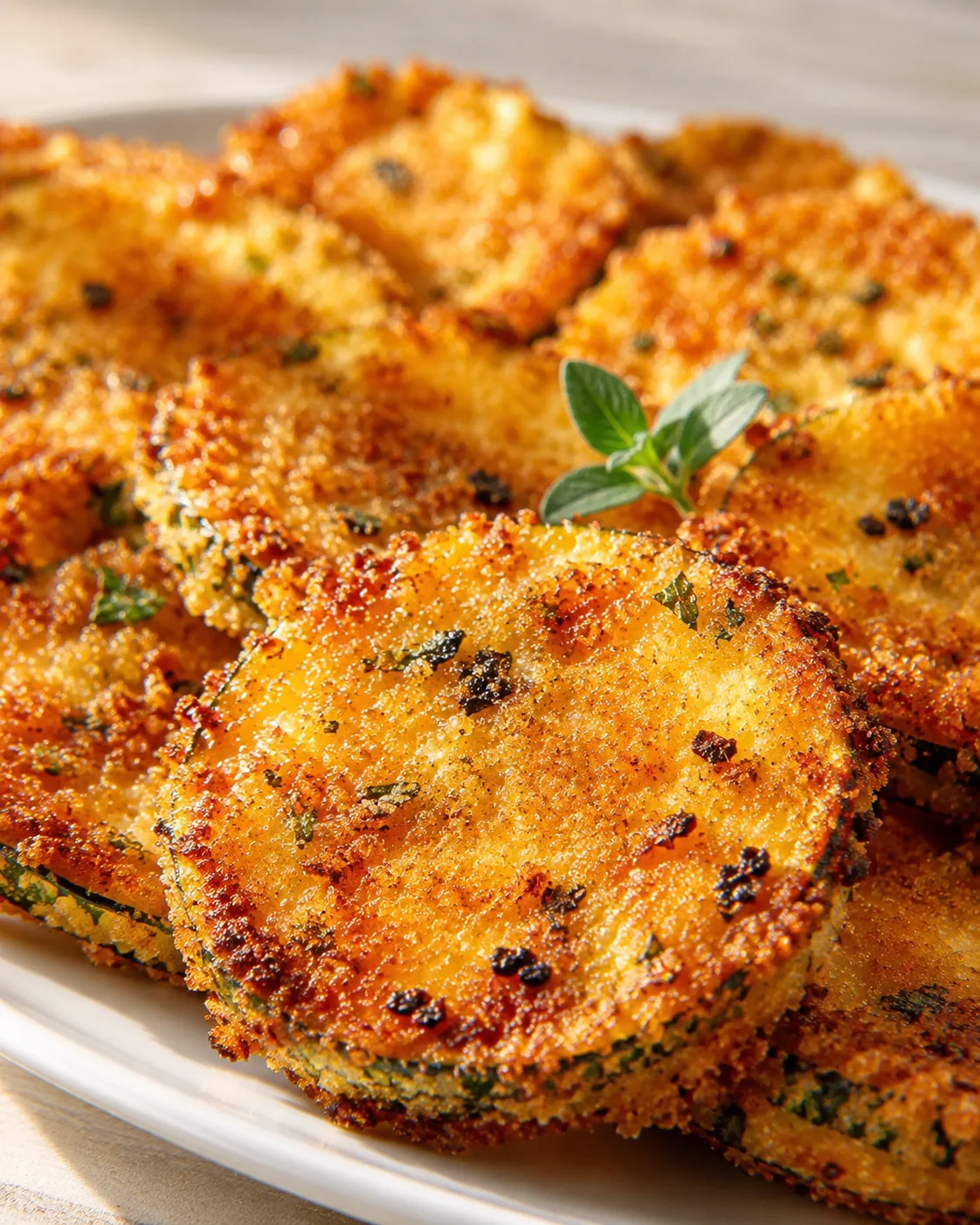 Golden-brown crispy potato rounds with herb crust on a white plate, garnished with a fresh herb sprig