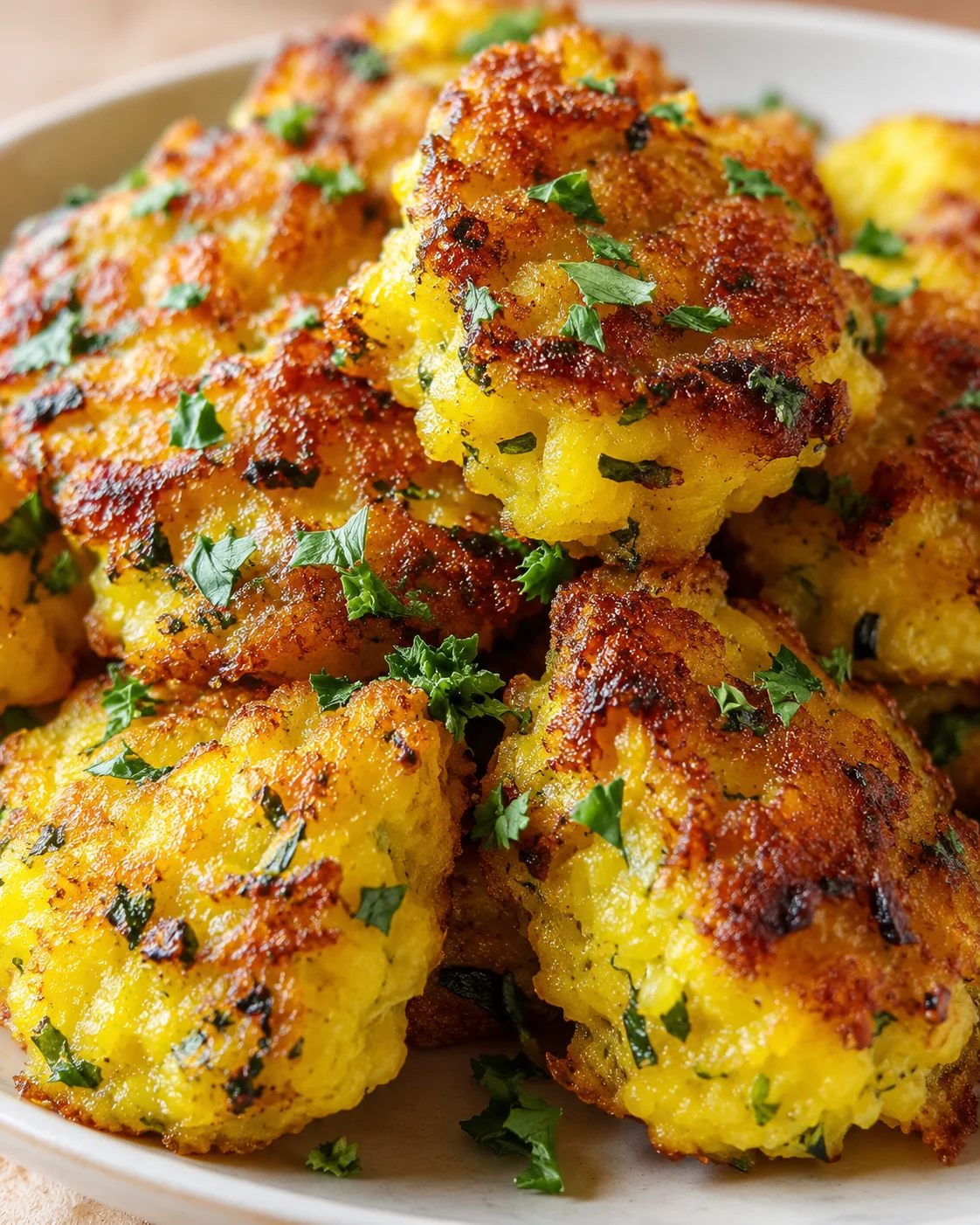 Close-up of crispy, golden-brown potato bites sprinkled with chopped parsley.
